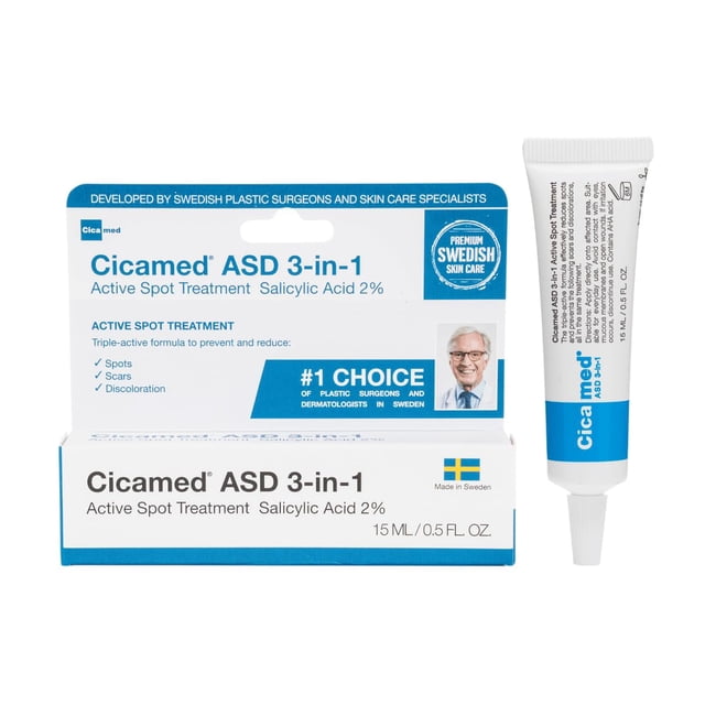 Tratamiento para las manchas del acné 3 en 1 Cicamed ASD - Crema facial de acción rápida con 2% de ácido salicílico, ácido glicólico y hamamelis para imperfecciones, espinillas, brotes y manchas oscur