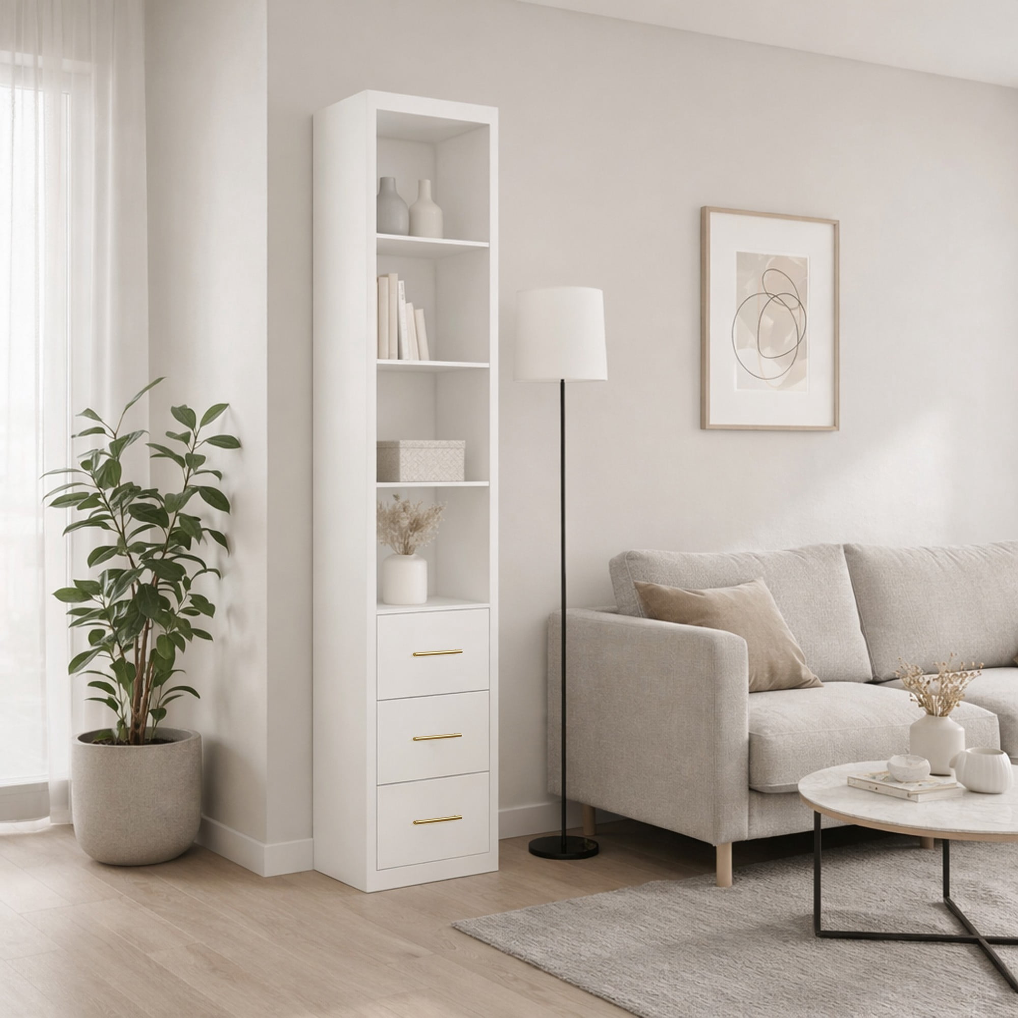 Mintazer 85.05" Tall Storage Cabinet with 4 Shelves and 3 Drawers for Bathroom Living Room Bedroom, White