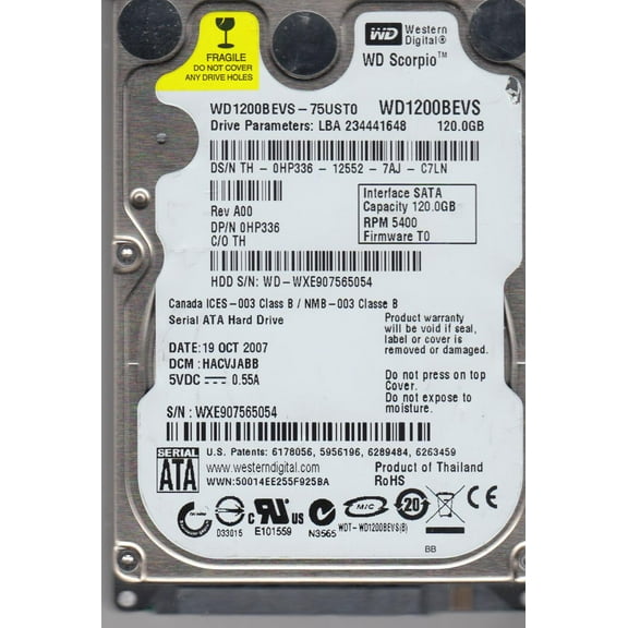 WD1200BEVS-75UST0, DCM HACVJABB, Western Digital 120GB SATA 2.5 Hard Drive