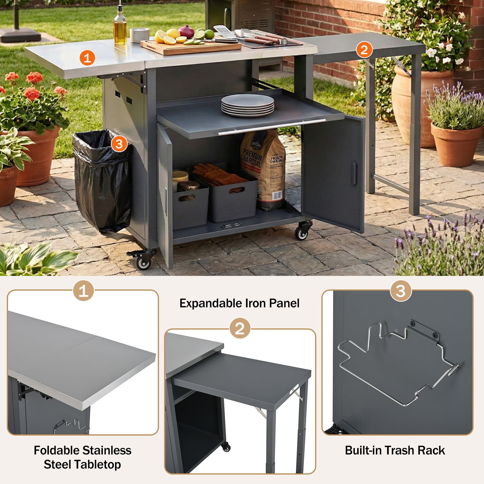 Foldable BBQ Prep Cart, Outdoor Patio Dining Serving Cart with Trash Rack for Backyard, Gray