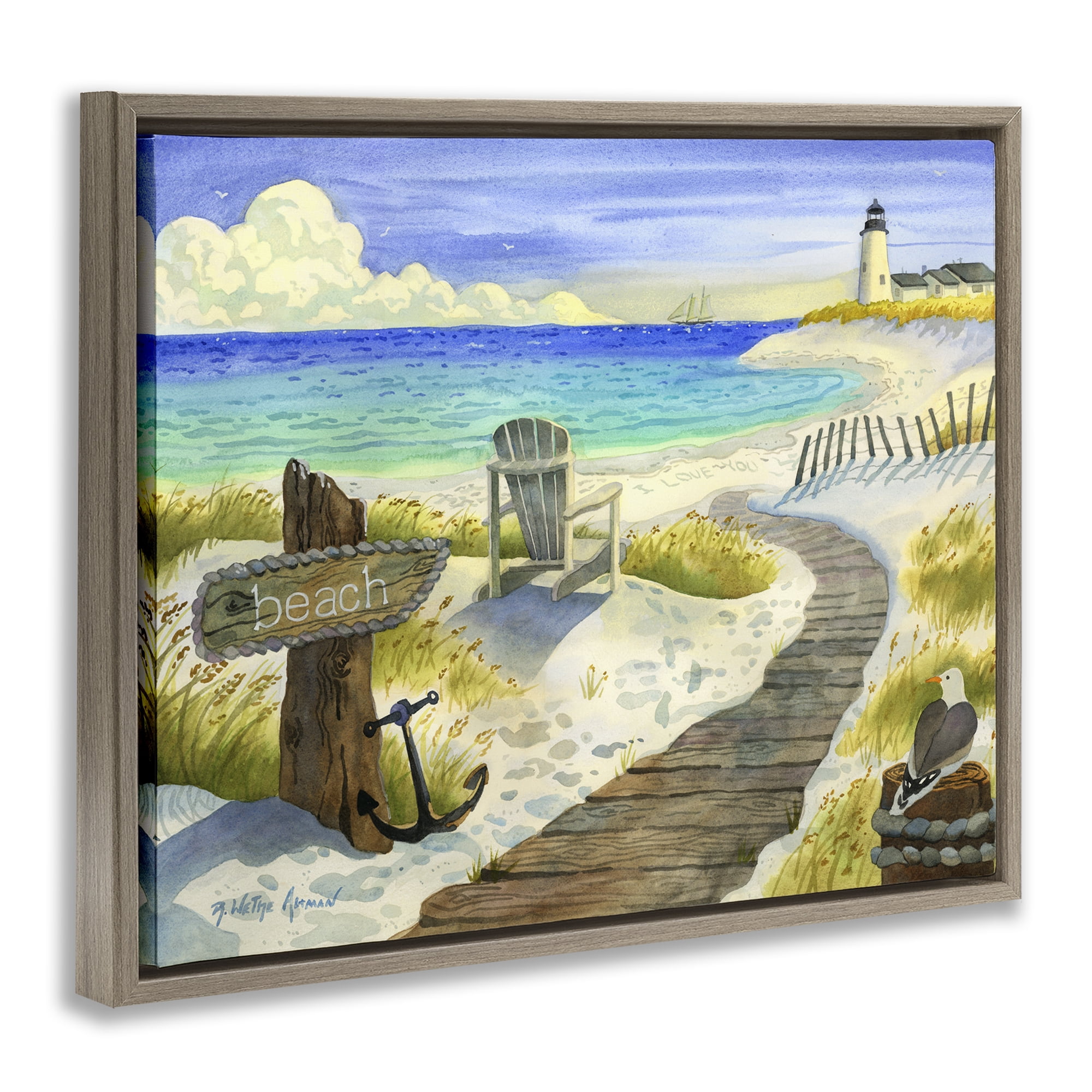 Stupell Industries Boardwalk To The Lighthouse Brown Framed Floater Canvas Wall Art, design by Robin Altman