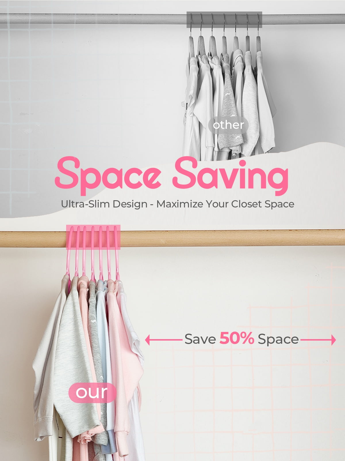 ACSTEP Baby Hangers 20 Pack, 11 Inch Kids Plastic Hangers, Non-Slip Baby Hangers for Closet, Baby Clothes Hangers for Pants Shirts Outfit Onesie, Pink