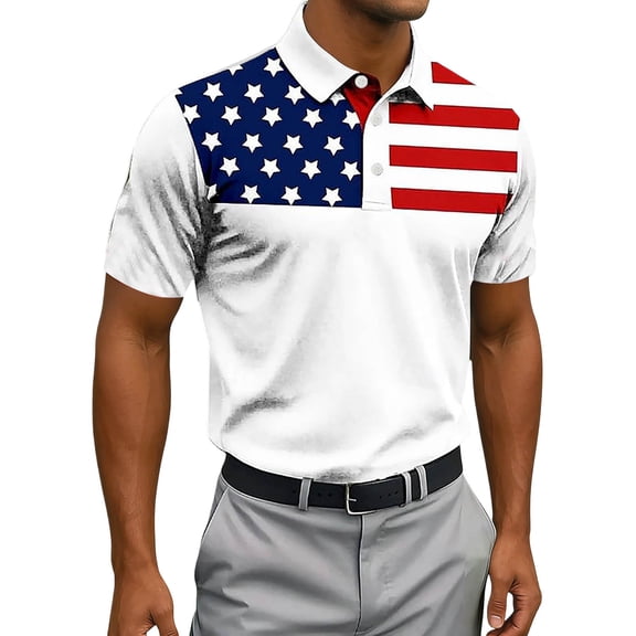 Mens American Flag Polo Shirts Spring America Flag Print Casual America Flag 250Th Birthday Summer Tops Loose Fit White L