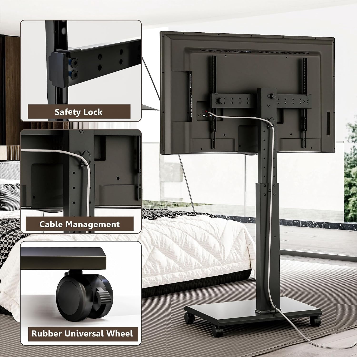 FITUEYES Rolling TV Stand for 32–75 Inch TVs, Black, Power Outlet, Portrait/Landscape Rotation