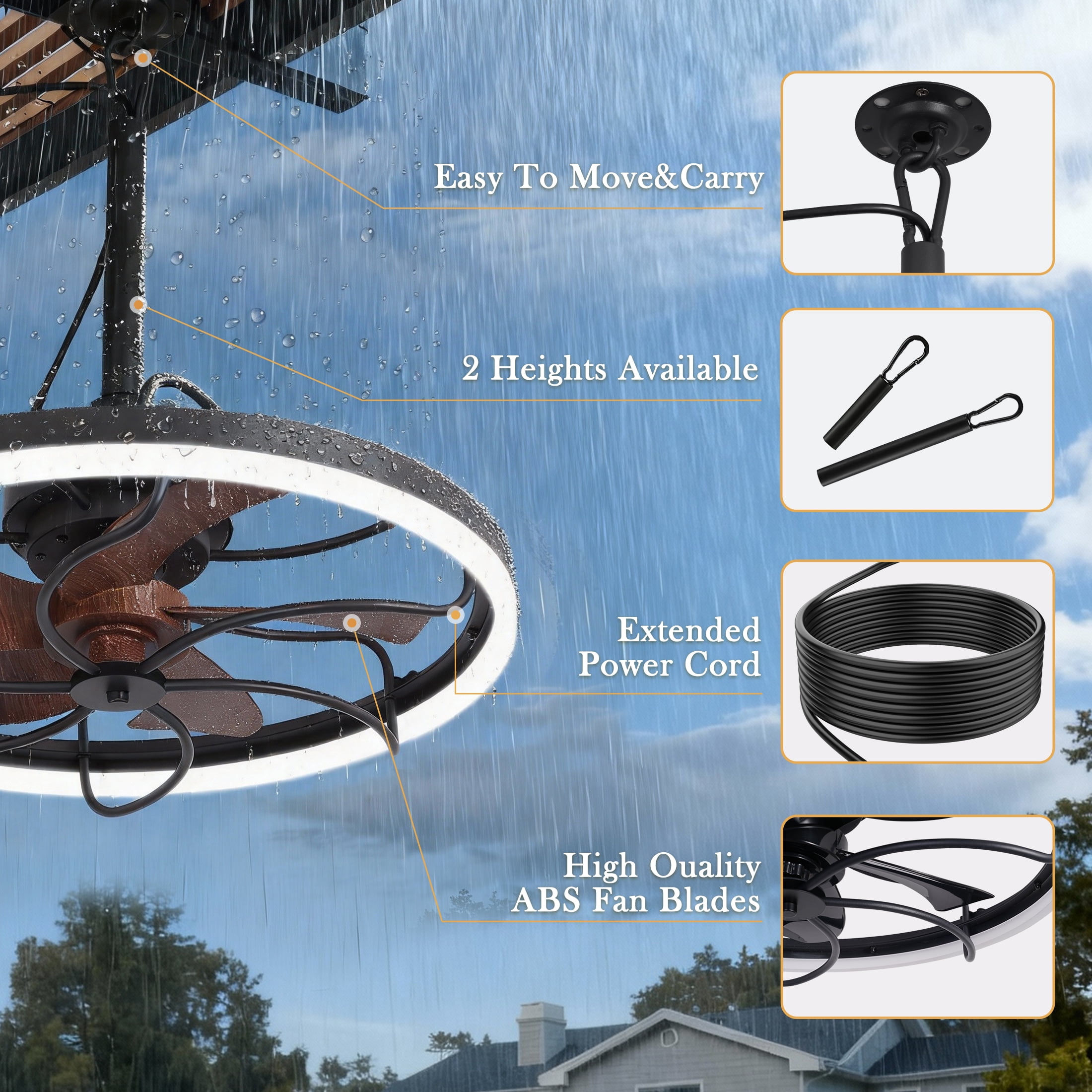 Erinnyees 20" Outdoor Ceiling Fan with Light and Remote Control,Waterproof Gazebo Fan,6 Speeds,3CcT Dimmable LED for Patio,Porch,Pergola,Black