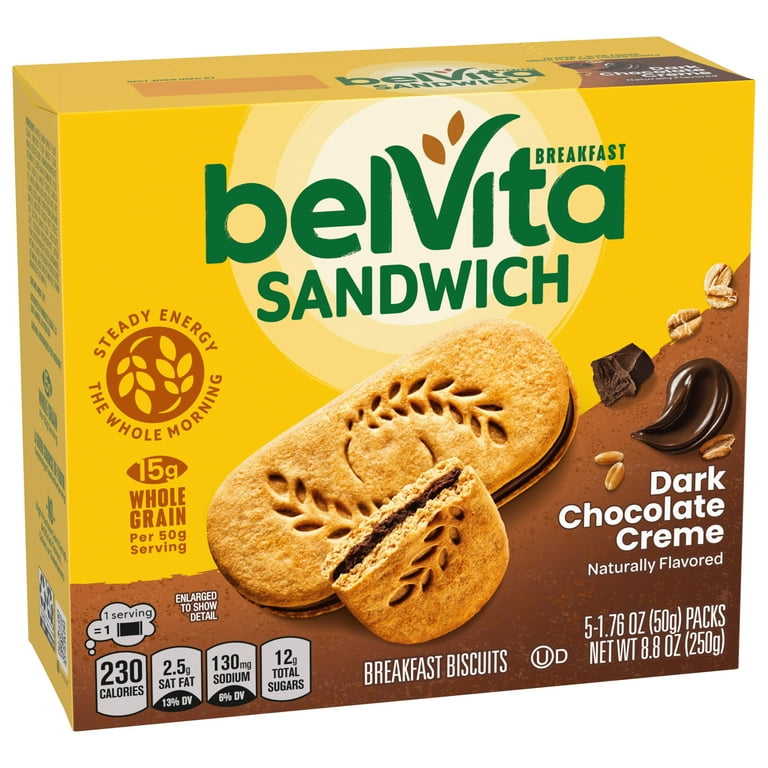 belVita Breakfast Biscuits, Dark Chocolate Creme Breakfast Sandwich, 1.76 oz Pack, 25 PK/Carton, Ships in 1-3 Business Days belVita Breakfast Biscuits, Dark Chocolate Creme Breakfast Sandwich, 1.76 oz Pack, 25 PK/Carton, Ships in 1-3 Business Days