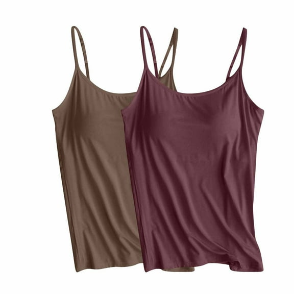 QUINDOS Summer Womens Tank Tops 2 Pack Athletic with Built in Bras Womens Camisoles Gym Crew Neck Spaghetti Strap Sleeveless MultiPack Shirts Tops Solid Color Slim Fitted Undershirts