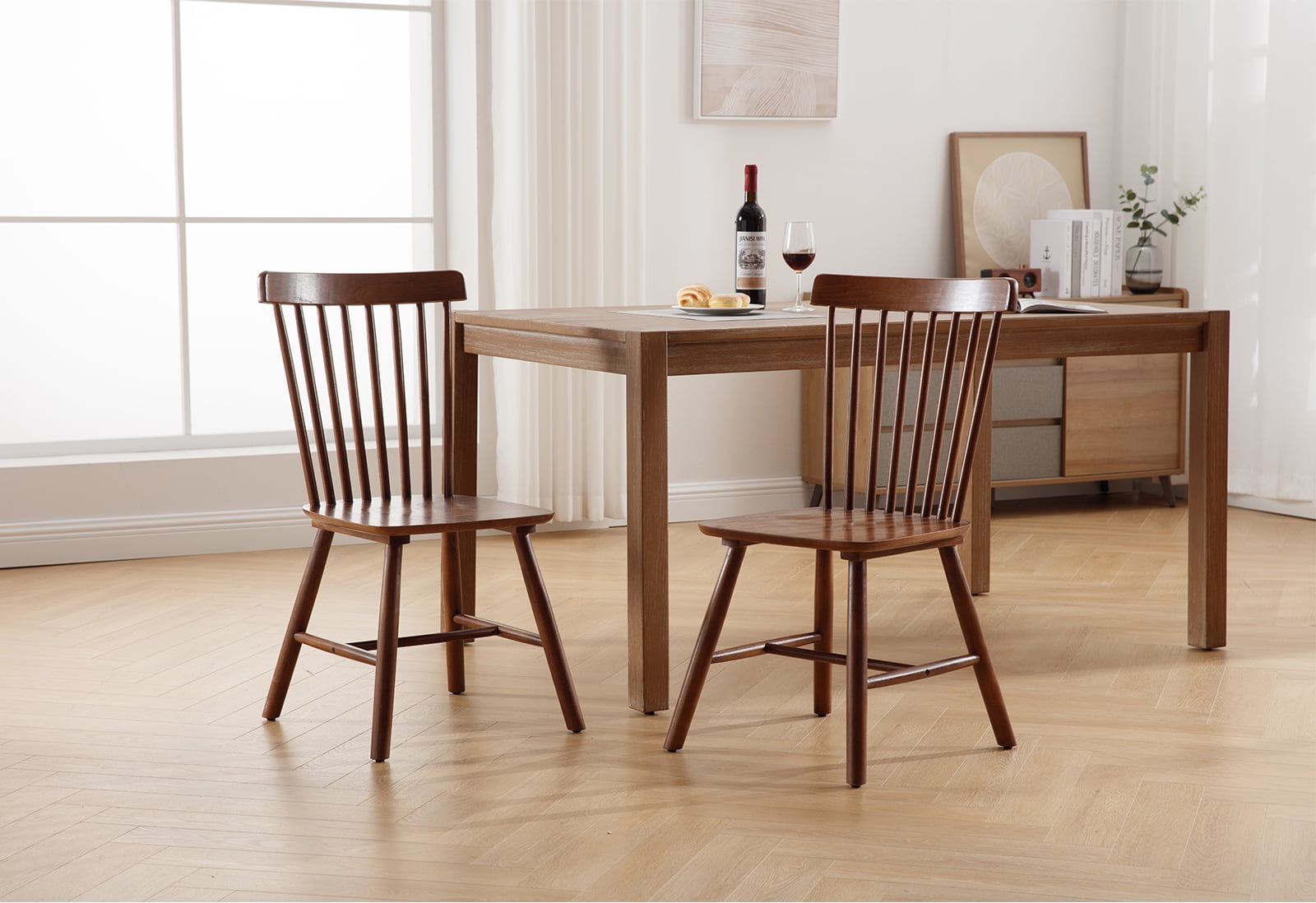 Dayalane Farmhouse Windsor Dining Chairs Set of 2, Solid Wood Spindle Back Dining Side Chairs, Mid-Century French Country Oak Kitchen Chairs for Dining Room Living Room Kitchen Restaurant, Walnut