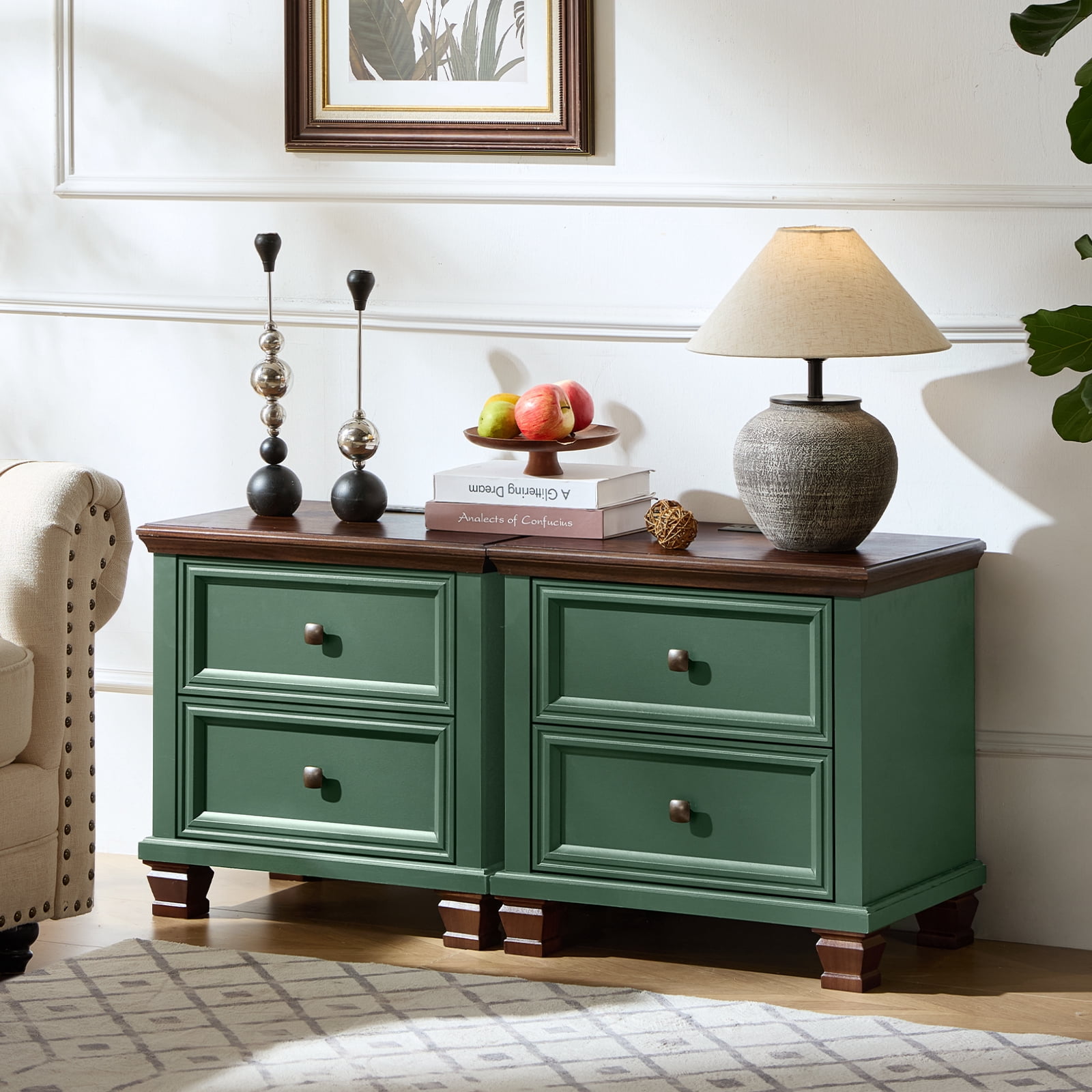 Buildhom Farmhouse Nightstand with Charging Station, 2-Drawer Rustic End Table with Solid Wood Legs for Bedroom, Green