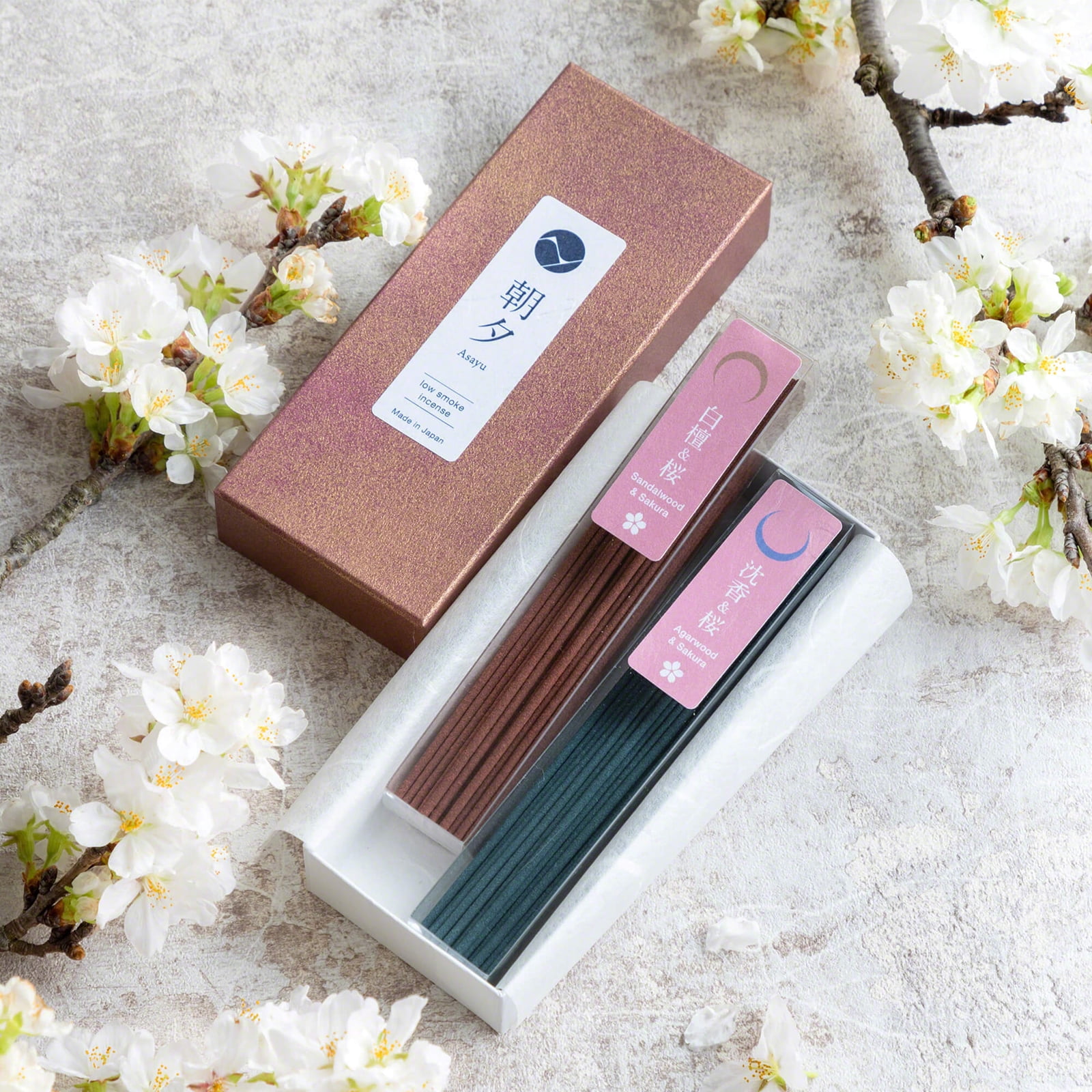 Asayu Japan Low Smoke Incense Sticks Set Sakura & Sandalwood Blend and Sakura & Agarwood Blend Made in Japan 1.410z