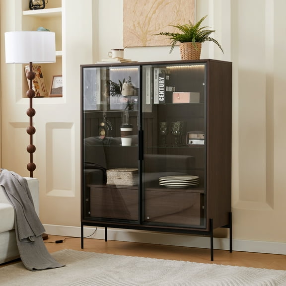CoSoTower 51.2'' Tall Lighted Display Cabinet with Tempered Glass Door, Metal Legs, LED Curio Cabinet, Modern Minimalist Style, for Living Room, Office, Study, Walnut
