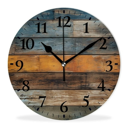 Non-Ticking Silent Clock Battery Operated Analog Clcok Round Wall Clocks Decorative for Living Room-Blue Brown Planks Wooden Multicolor(10inch)