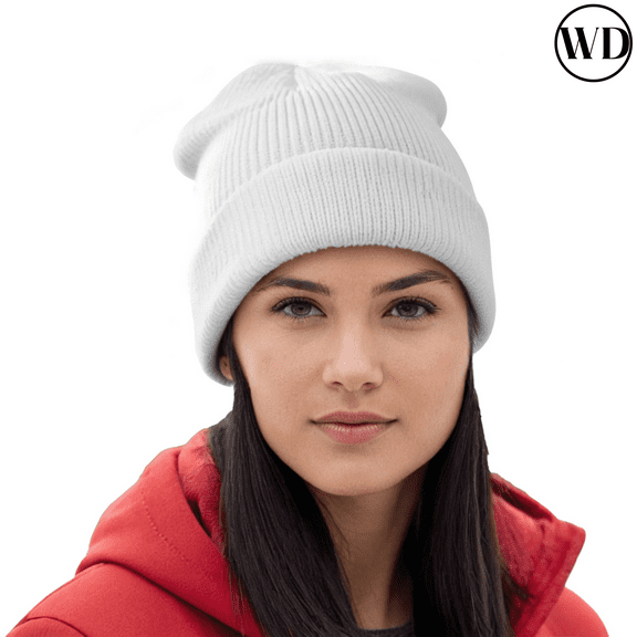 Sportsman Warm 12" Beanie Hats WD12, Assorted Fleece Lined Cuffed Beanie Winter Caps Unisex Fashion, White