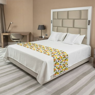 Autumn Bed Runner, Colorful Red Fox on the Season at Forest Orange Leaves Composition Art, Decorative Accent Bedding Scarf for Hotels Homes and Guestrooms, King, White and Multicolor, by Ambesonne