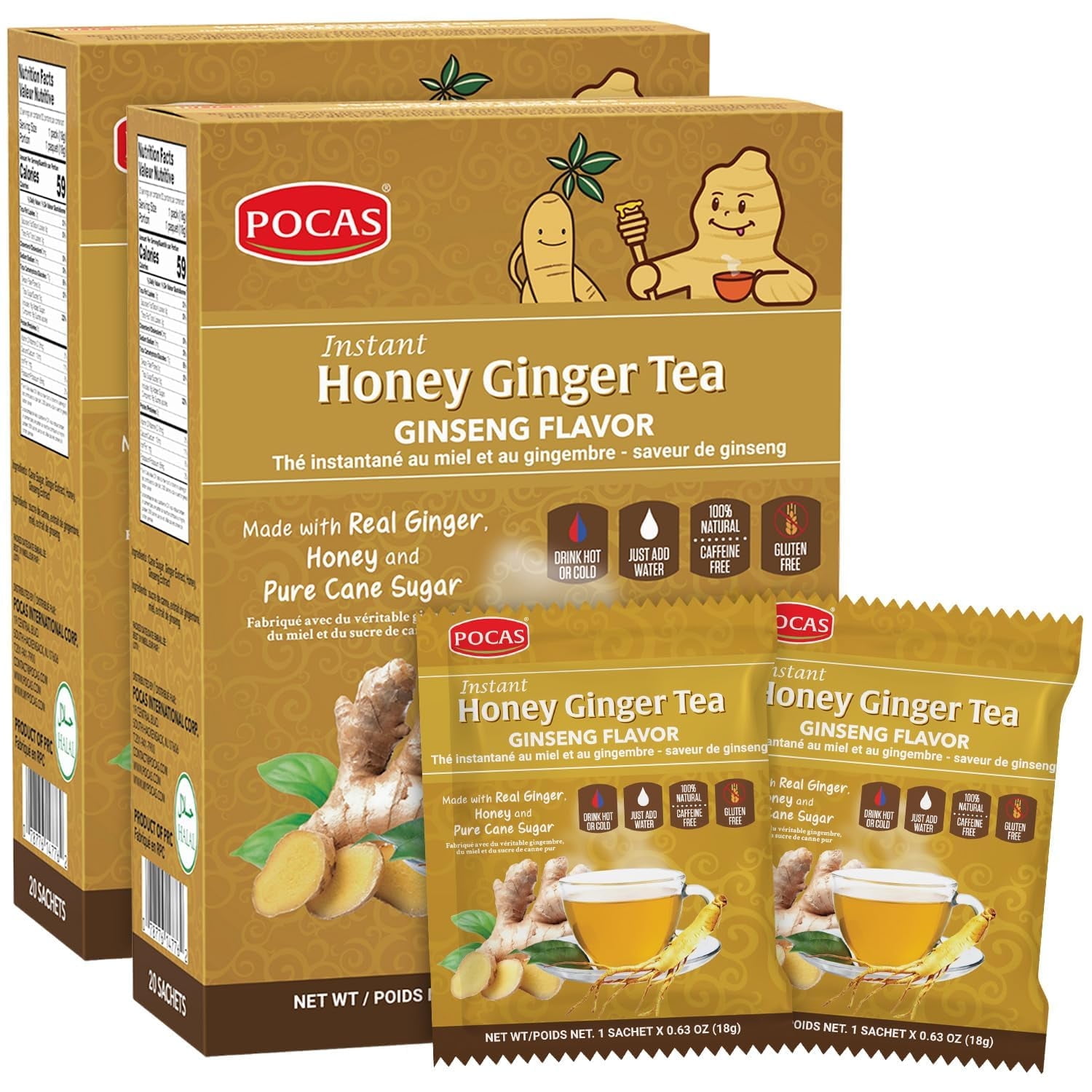 Pocas Honey Ginger Tea, Mint, 12.7 Oz 40bags ( 2packs x 20 Bags