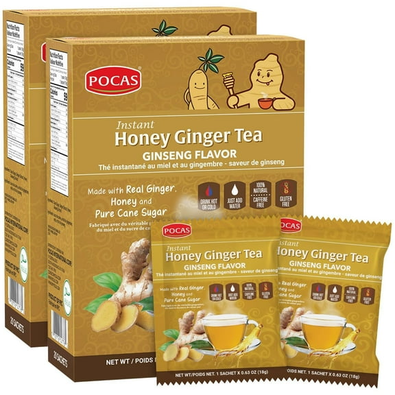 Pocas Honey Ginger Tea - with Ginseng & Ginger Honey Crystals Tea, Instant Tea Powder Packets  20 Count