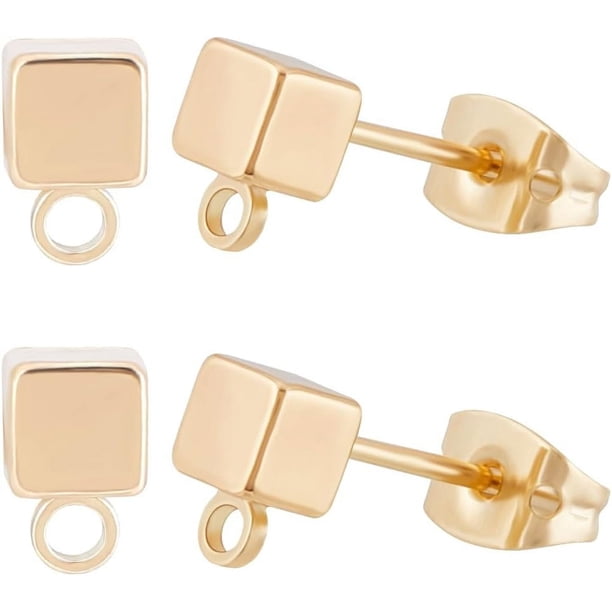 1 caja de 20 pendientes de botón con forma de cubo chapados en oro de 14 quilates, con forma geométrica, de plata de ley, con aro y 20 tuercas para pendientes.