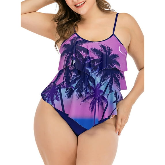 Frontwalk Ladies Swimwear Sleeveless Tankini Sets Printed Two Piece Swimsuit Women High Waist Swim Tops + Shorts Plus Size Swimming Suit Coconut Tree 3XL