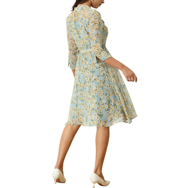 INSPIRE CHIC Women's Elegant Floral Shirt Dress V Neck 3/4 Sleeve