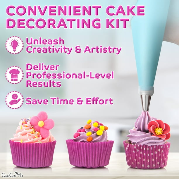 Cake Decorating Kit (65 Pcs), Baking Supplies Set W/ Rotating Turntable & 24 Unique Design Icing Tips, Piping Bags & More by EcoEarth