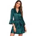 thumbnail image 2 of Women Satin Robe Ruffle Hem Kimono Short Robes V-Neck Pure Color Bridesmaid Wedding Party Bathrobe Dressing Gown, 2 of 9