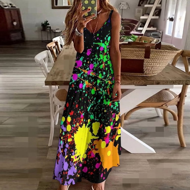 neon paint splatter dress SDERDZSE Women's Summer Dresses Glow in Dark Splatter Neon Short Sleeve V-Neck Beach Dress Casual Dresses for Women M at Amazon Women's Clothing store