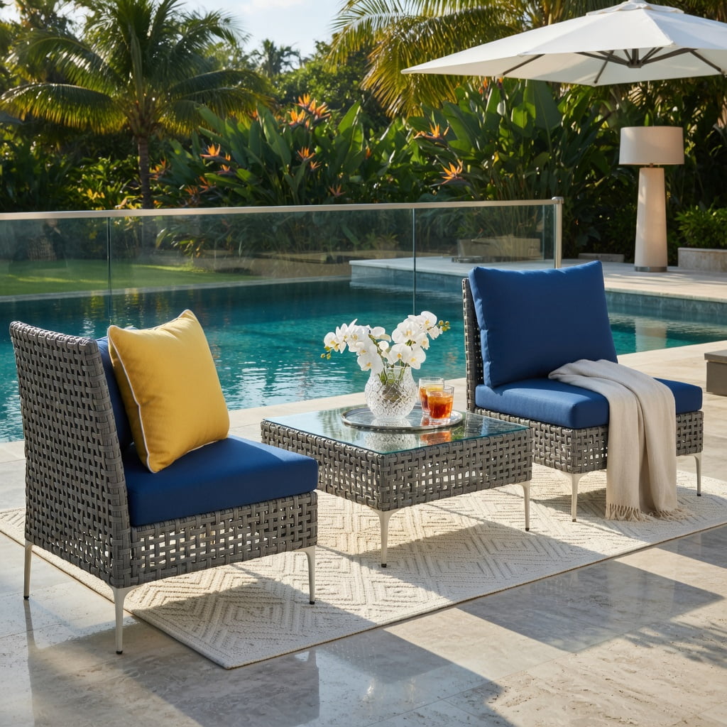 Hommoo 3-Piece PE Rattan Outdoor Conversation Set with Tempered Glass Coffee Table, Patio, Porch & Balcony Seating, Navy