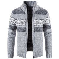 Jinda Men's Full Zip Cardigan Sweater Warm High Neck Slim Fit Long Sleeve Cable Knit Cardigan Thick Striped Sweater Jacket Light Grey 38