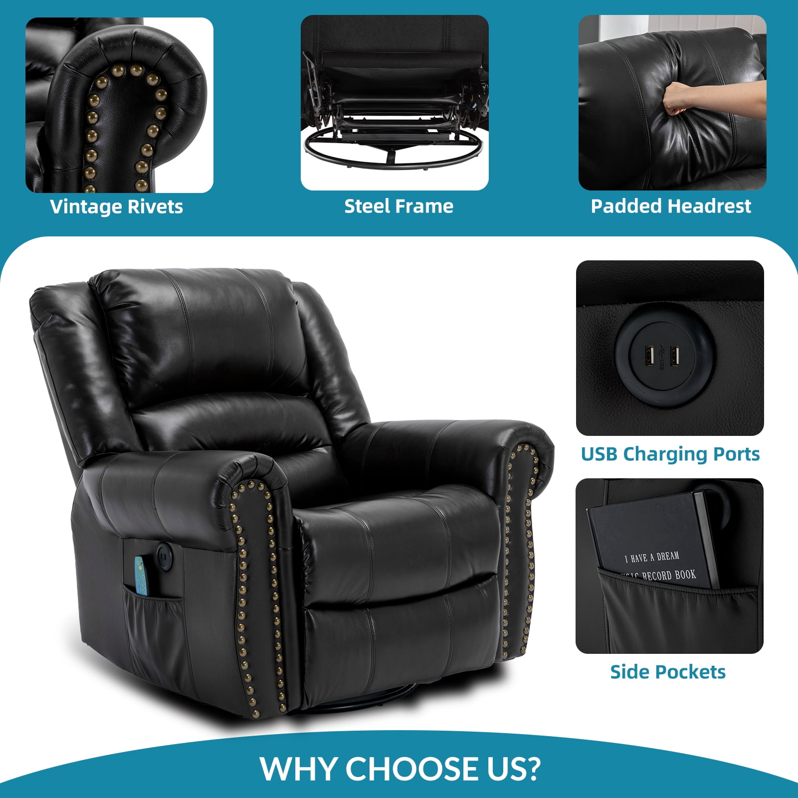 OUINCH Manual 360 Degree Swivel Glider Rocker Recliner Chair with Massage and Heat, USB Ports and 2 Side Pockets, Faux Leather, Black