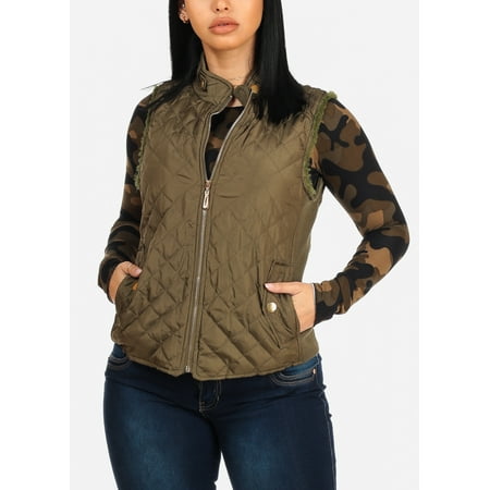 - Casual Warm Cozy Womens Juniors Olive Green Fax Fur Quilted Stand Collar Vest Jacket 40247S