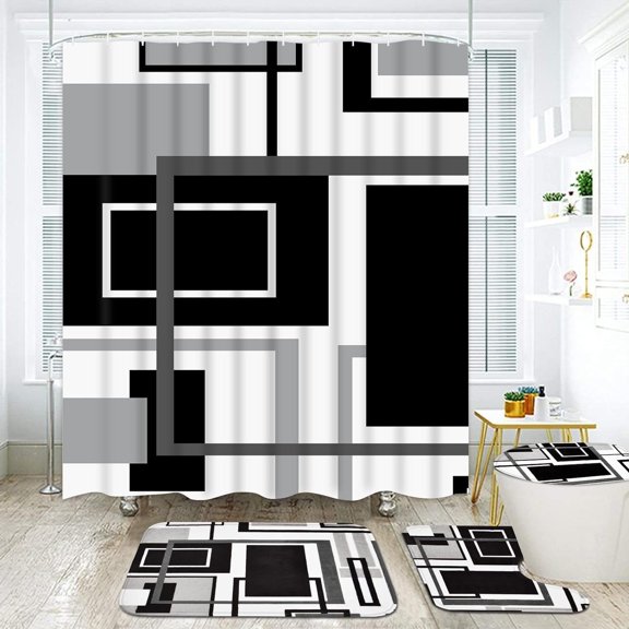 4 Pcs Red Geometric Shower Curtain Sets with Non-Slip Rugs, Toilet Lid Cover and Bath Mat, Abstract Geometric Modern Shower Curtain with 12 Hooks, Black and Red Bathroom Set