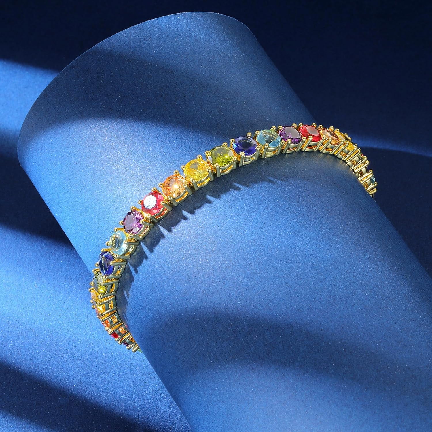 GEMSME Women Bracelet 18K Yellow Gold Plated 5.0 Round Colorful Cubic Zirconia Classic Tennis Bracelet for Women Men 8 Inch