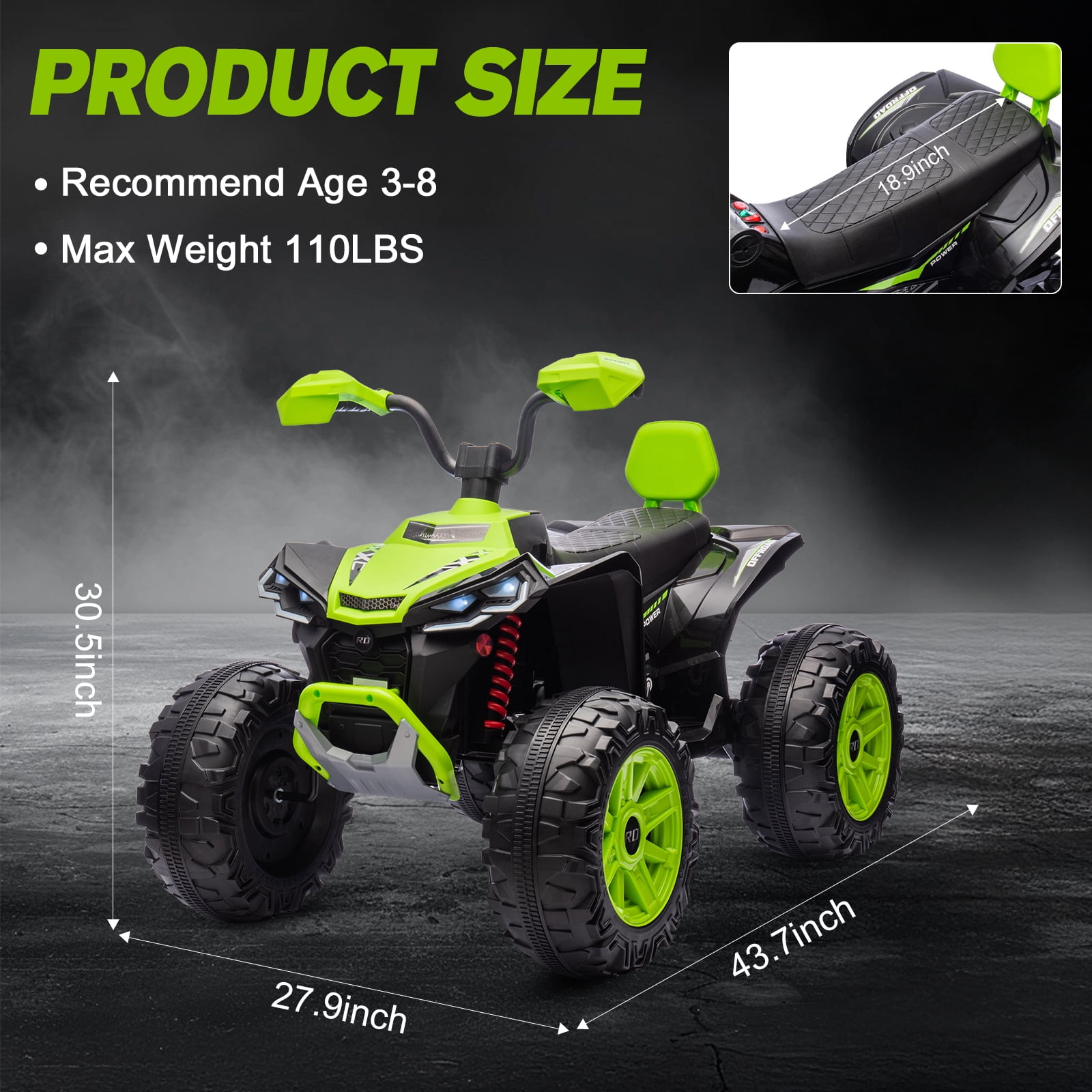 MUKIDY 24V Kids ATV 4-Wheeler, 24 Volt Ride on Toy for 3-8 Kid w/ 2x200W Motor, 5Mph Max Speed - Green