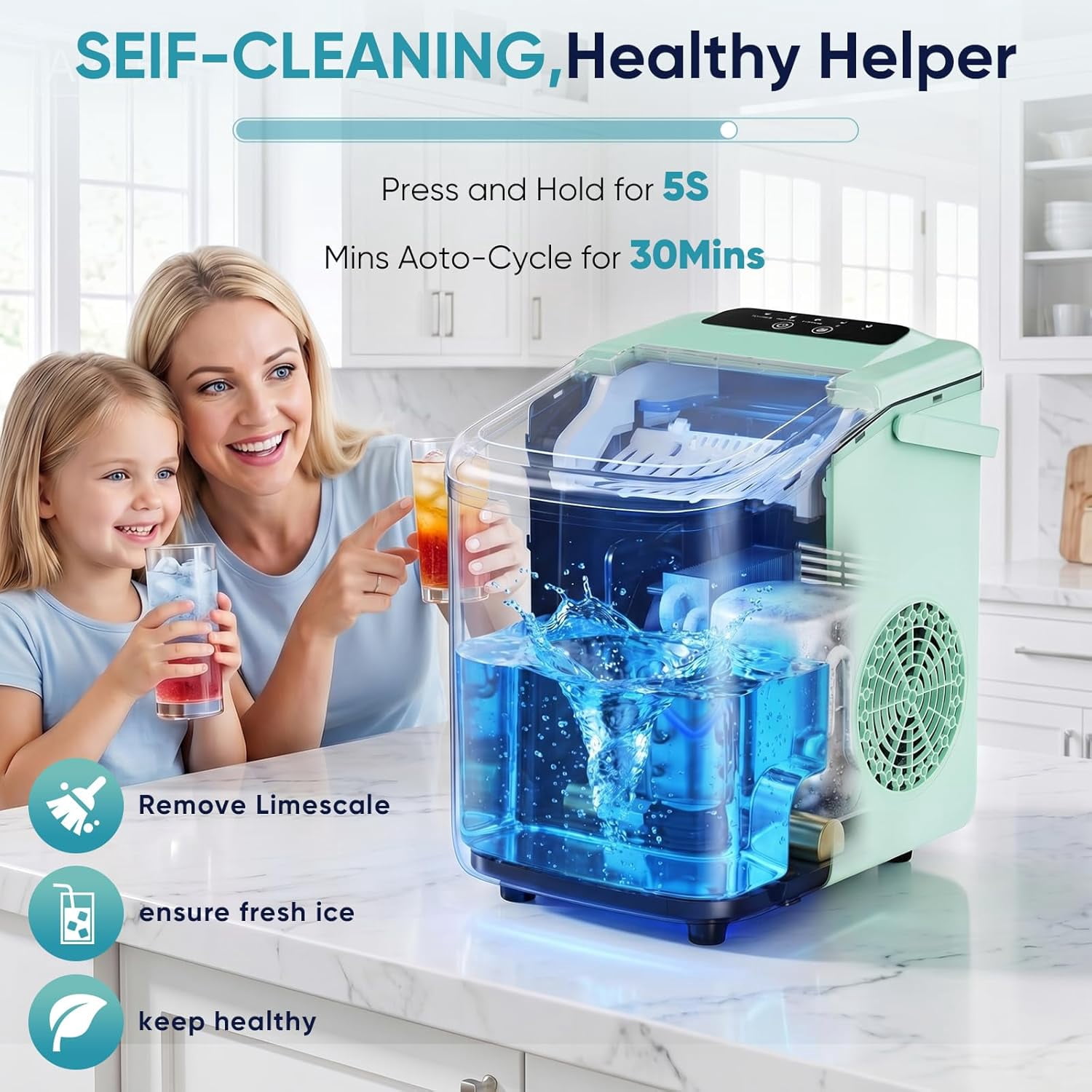 Countertop Ice Maker, 26lb/Day Bullet Ice Maker Machine with Handle, 9 Cubes in 6-8 Minutes, Auto-Cleaning for Home, Kitchen, Green