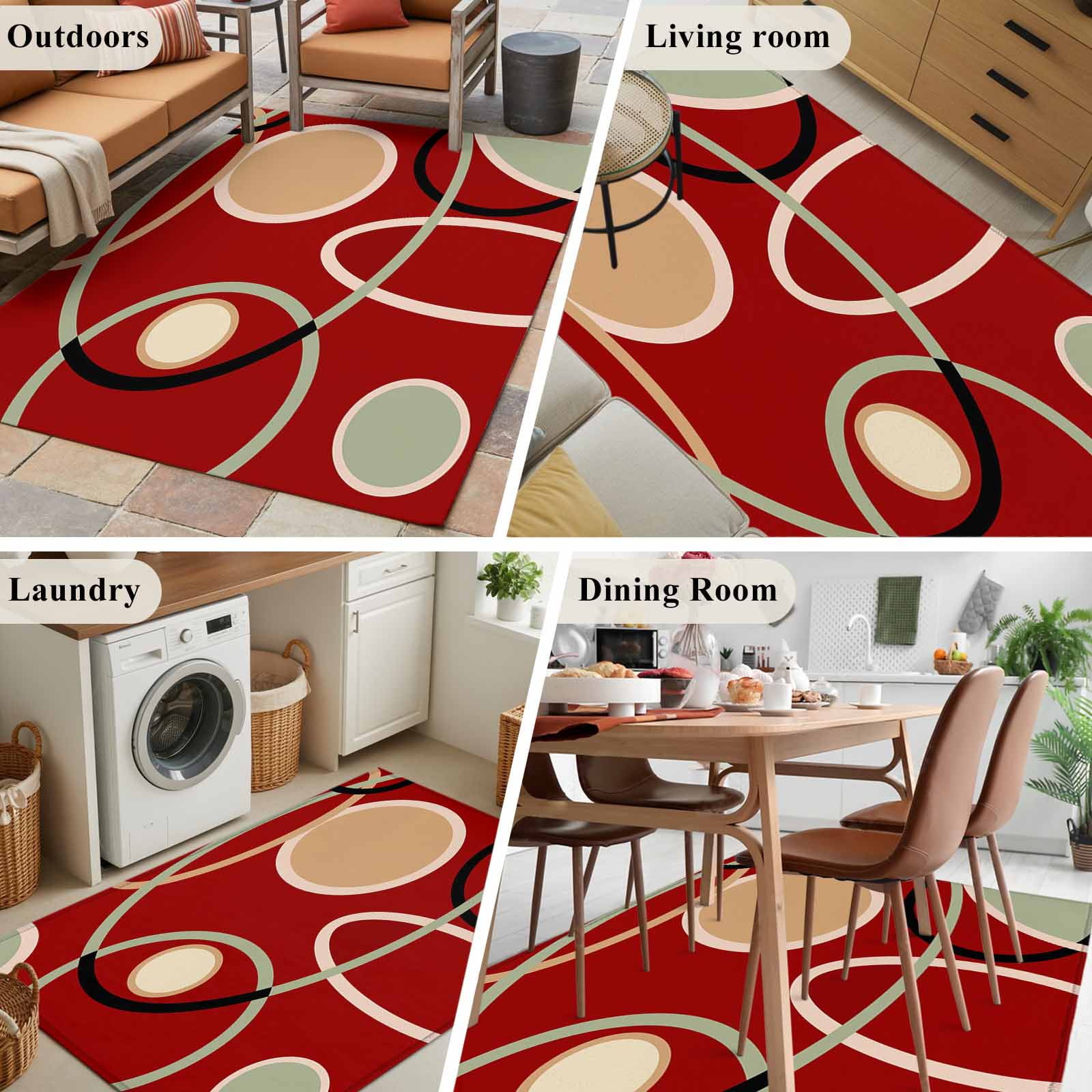 Rectangle Area Rugs 2.7 x 5 Ft, Geometric Red Non-Slip Residential Carpet, Boho Retro Abstract Circle Black Green Indoor Crawling Mats Runner Rugs for Living Room/Dining Room/Bedroom