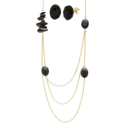 Gold Tone Stainless Steel Black Hexagon 30" Necklace and Earring Gift Set