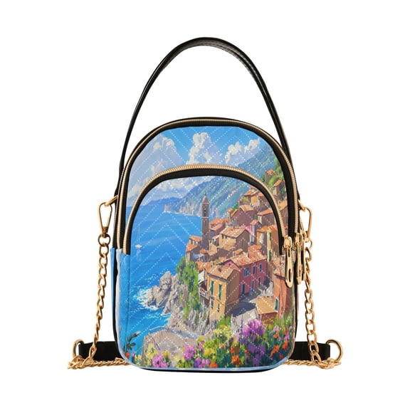YAZAOO Cross Body Fashion Shoulder Waist Purse Bags Colorful Coastal Village Painting Pocket Handbags
