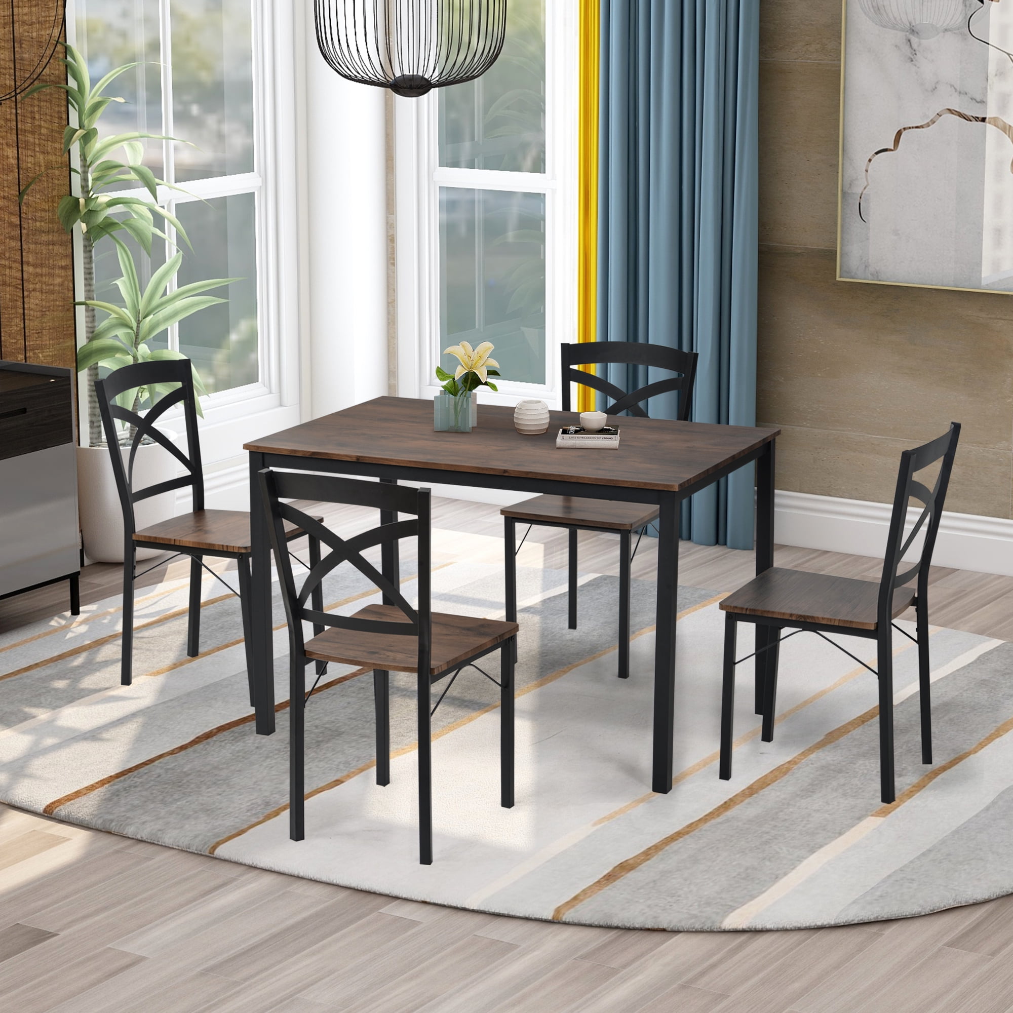 Kepooman 5-Piece Modern Metal Dining Table Set with 4 Ergonomic Chairs for Kitchen Living Room, Brown Kepooman 5-Piece Modern Metal Dining Table Set with 4 Ergonomic Chairs for Kitchen Living Room, Brown