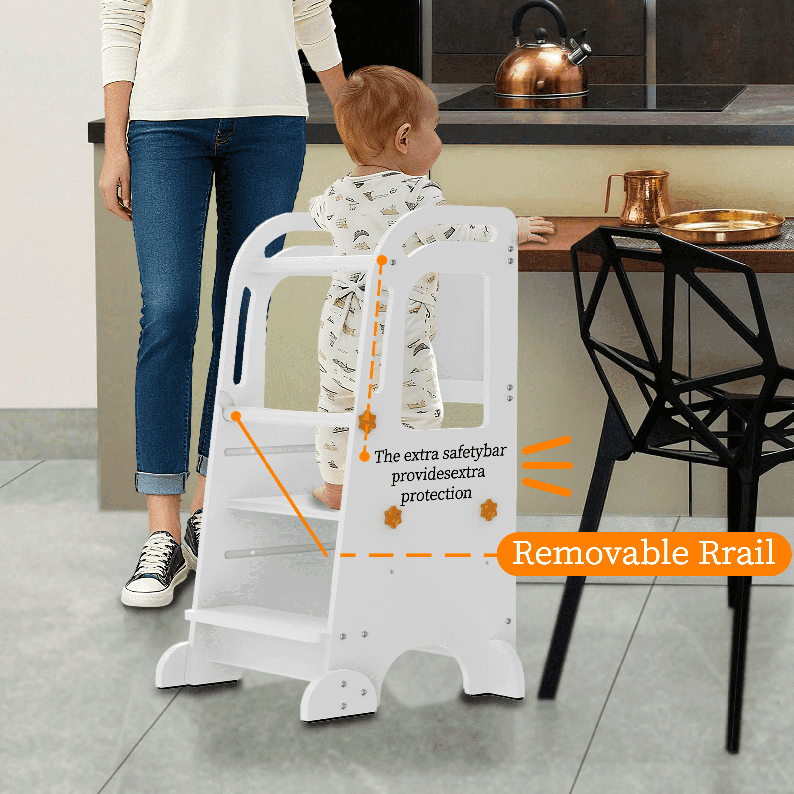 G TALECO GEAR Toddler Tower with Chalkboard, Toddler Kitchen Kids Step Stool Helper, Wooden Stool with Rounded Corner Protection Design, White