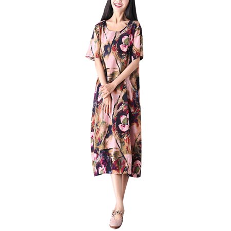 - Ladies Short Sleeve Cotton Floral Print Maxi Dress