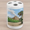 thumbnail image 1 of Dinosaur Ceramic Toothbrush Holder, Giant Lizard T-Rex on Active Volcano Untouched Jungle Backdrop, Decorative Versatile Countertop for Bathroom, 4.5" X 2.7", Pale Brown Pale Blue, 1 of 4