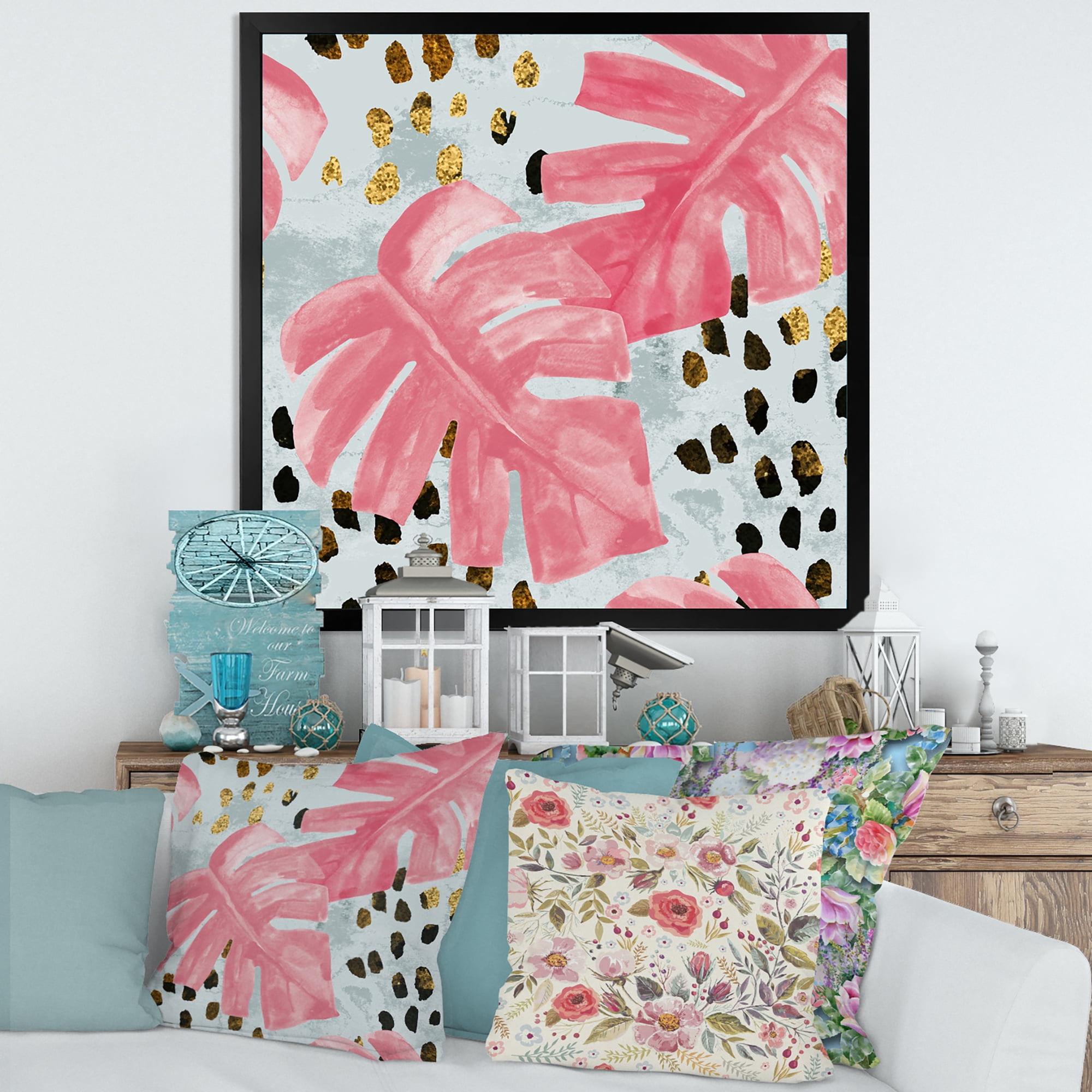 Designart 'Rough Brush Strokes Pink Colored Monstera II' Tropical Framed Art Print