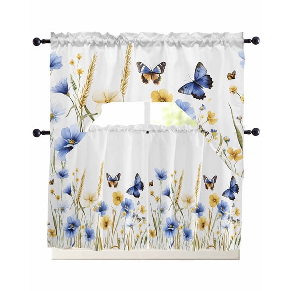 Butterflies Floral Kitchen Curtains Set for Windows 3 Piece Cafe Curtains 36 Inch Length Swag Curtains Valances and Tier Set Country Plants Wildflower Leaves Drapes for Bedroom Bathroom Living Room
