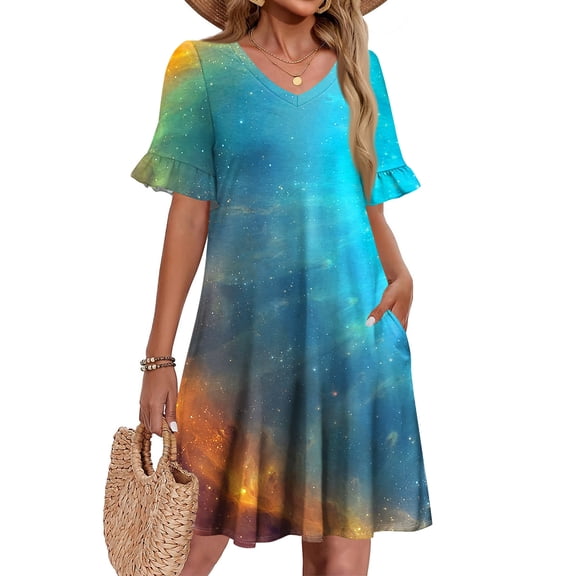 Womens Tie Dye Dress Ruffle Short Sleeve V Neck A Line Sundress Flowy Fashionable Dresses