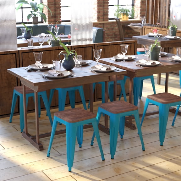 Emma Oliver Set of Four Teal Table Height Backless Stacking Welded Iron Stools with Wooden Seats and Under Seat Bracing for Indoor Use