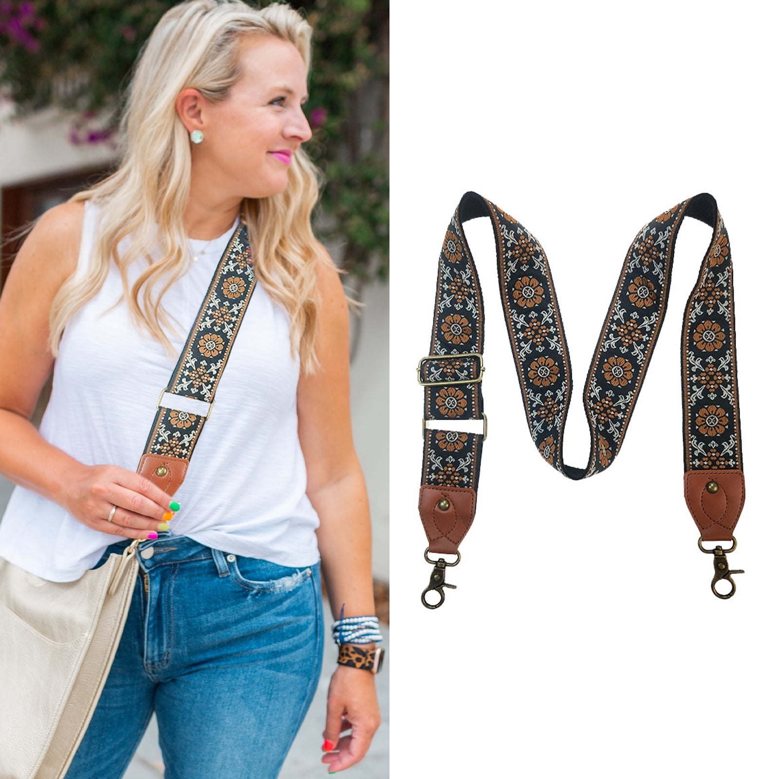Purse Strap Replacement Crossbody Guitar Straps for Handbags Shoulder Strap Adjustable Replacement for Bag Vintage Pattern with Cowhide Genuine