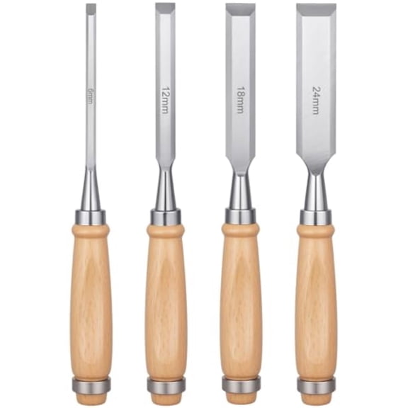 4 Piece Wood Chisel Set with Wooden Handles – Bevel Edge Woodworking Tools for Carving, Shaping and DIY Carpentry Projects