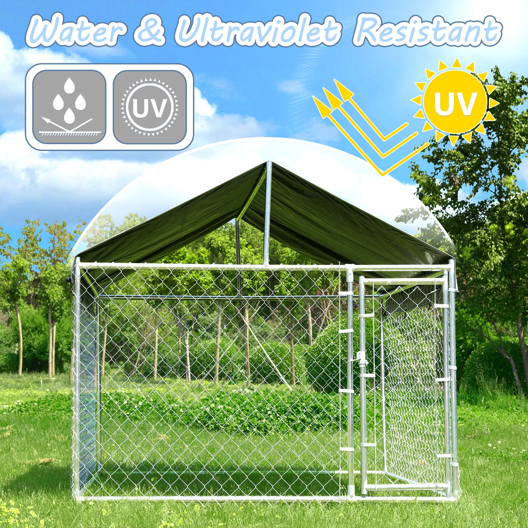 HITTITE Extra Large Outdoor Dog Kennel, Anti-Rust Dog Kennel Outside with Roof, Galvanized Chain Link Dog Runs for Outside with Waterproof UV-Resistant Cover and Secure Lock