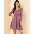 thumbnail image 2 of Vestido De Gasa Fluido Sólido Con Cintura Elástica Con Cuello En V Y Manga 3/4 Para Mujer Rosa empolvado S, 2 of 6
