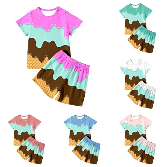 LIIPEE Ice Cream Graphic Outfit Sets For Girls Short Sleeve Tees And Shorts 2 Piece Set Kids Summer Comfortable Cute Casual Outfits,6-7 Years